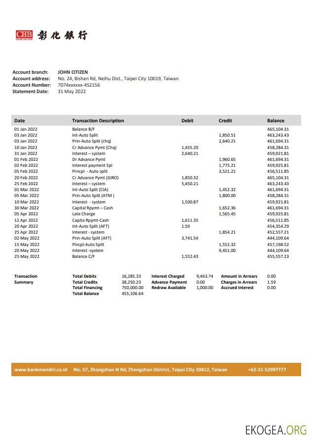 Relevé de la banque Taiwan Chang Hwa